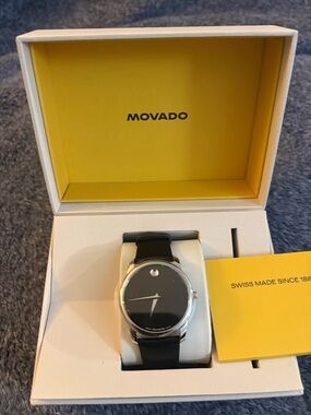 Movado Black Dial Silver Case Watch with Black Leather Strap